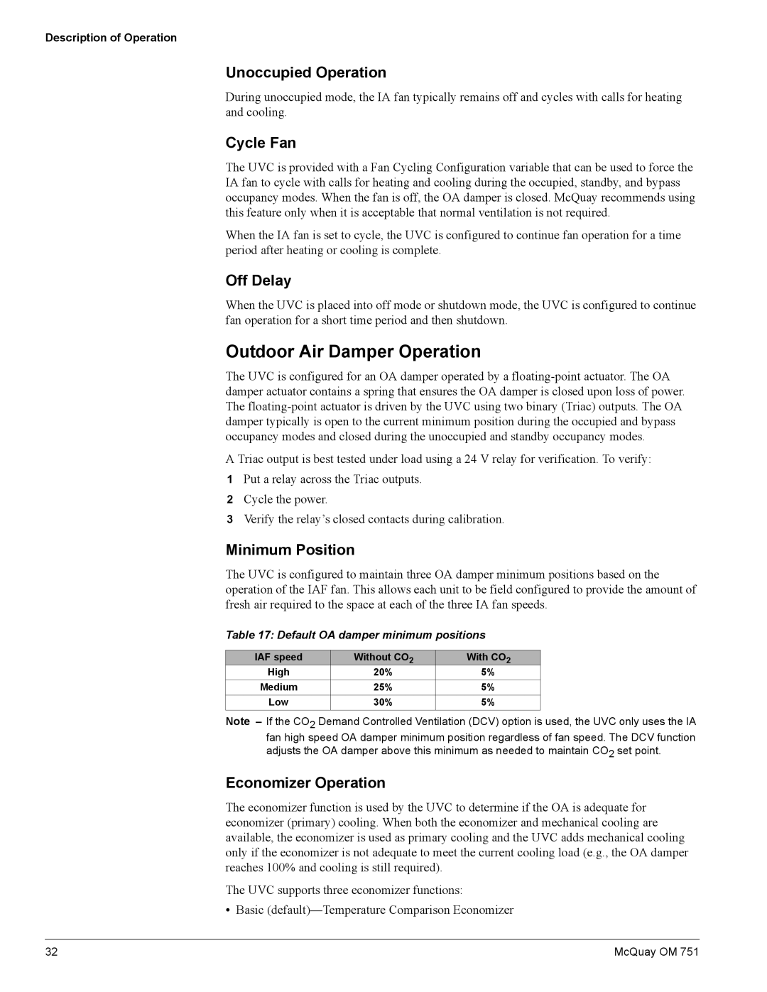 American Standard UV05 manual Outdoor Air Damper Operation 