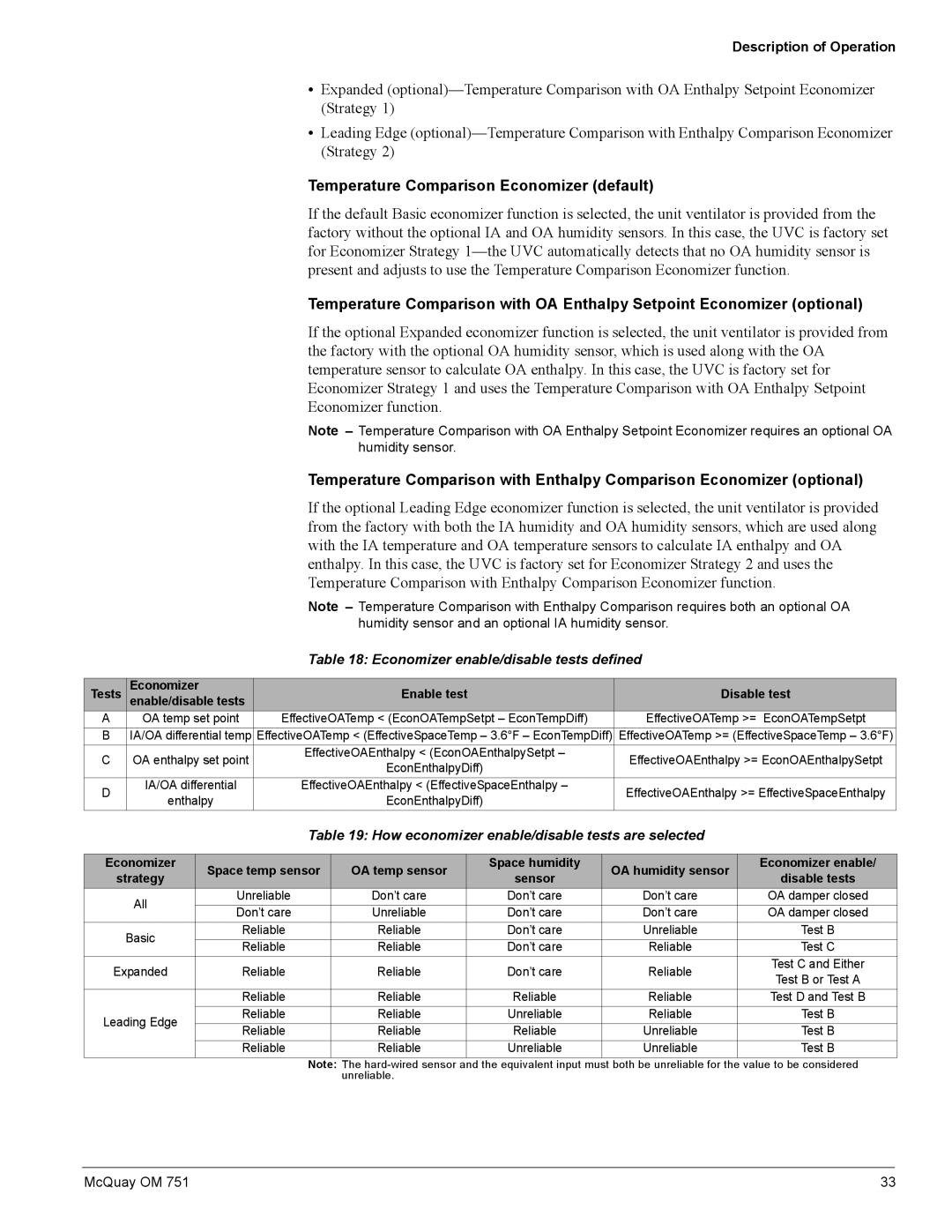 American Standard UV05 manual OA temp sensor Space humidity, Economizer enable 