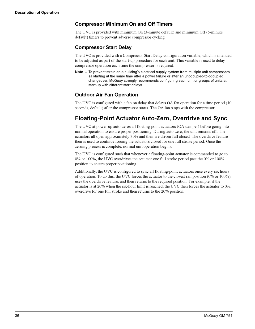 American Standard UV05 manual Floating-Point Actuator Auto-Zero, Overdrive and Sync, Compressor Minimum On and Off Timers 