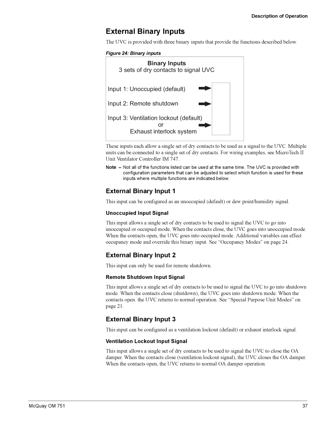 American Standard UV05 manual External Binary Inputs, Unoccupied Input Signal, Remote Shutdown Input Signal 