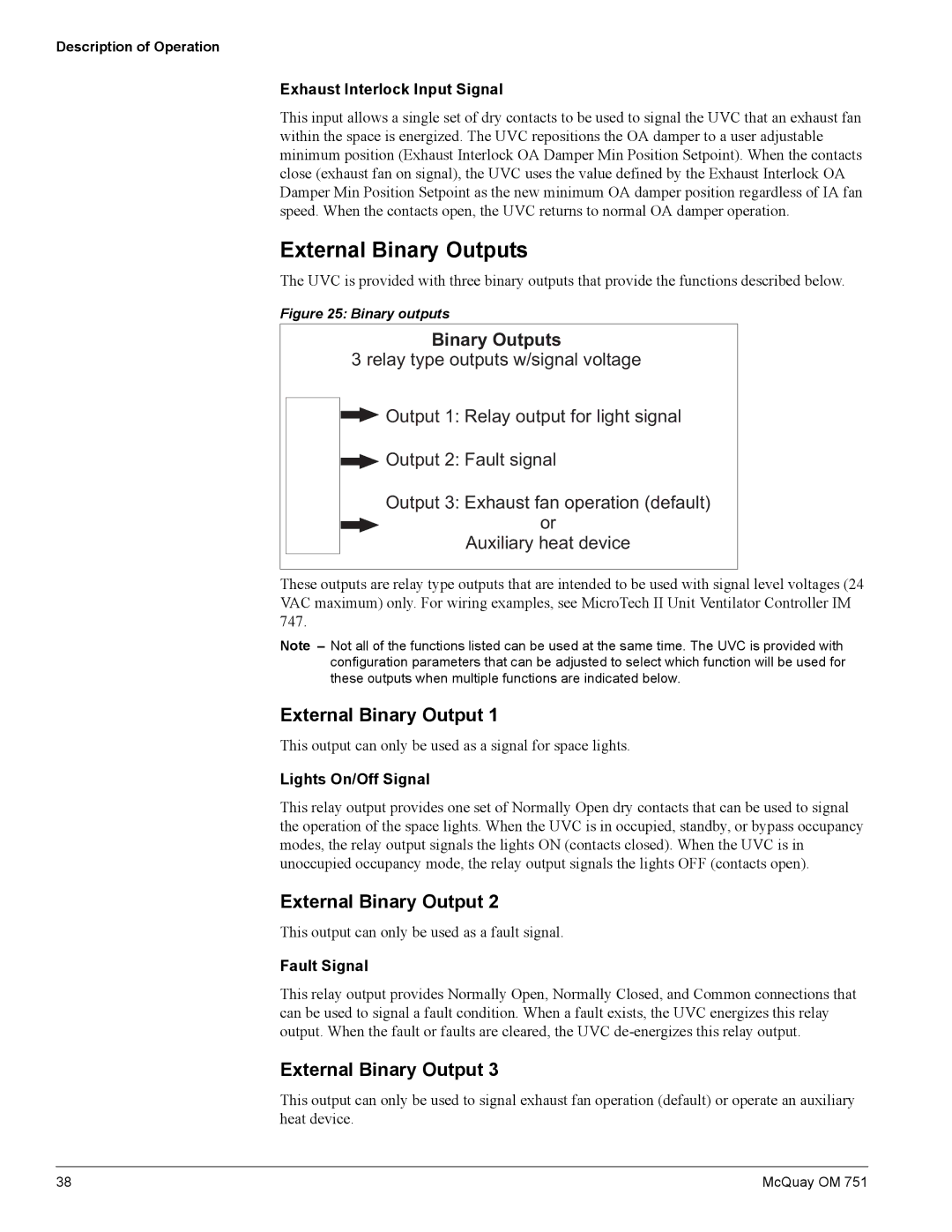 American Standard UV05 manual External Binary Outputs, Exhaust Interlock Input Signal, Lights On/Off Signal, Fault Signal 