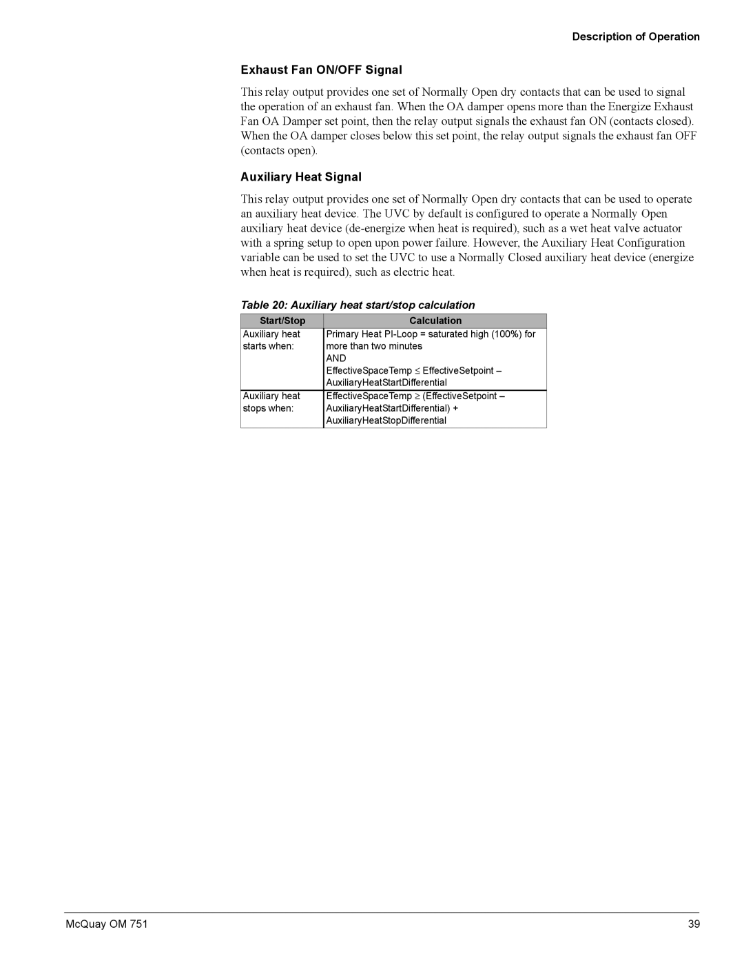 American Standard UV05 manual Exhaust Fan ON/OFF Signal, Auxiliary Heat Signal, Auxiliary heat start/stop calculation 