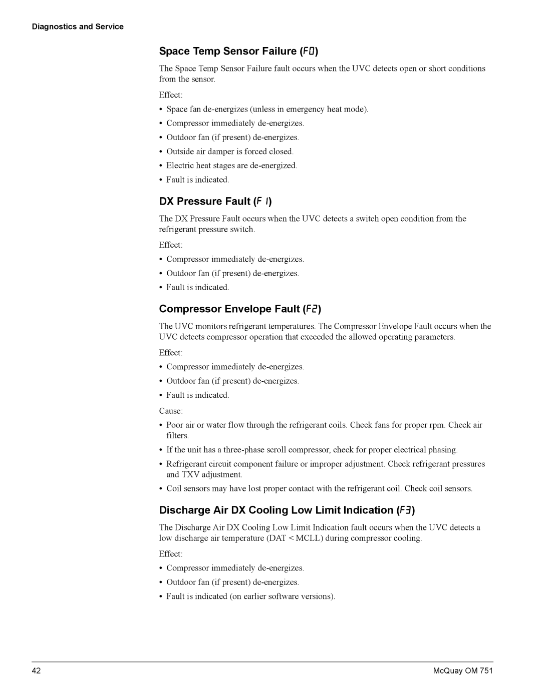 American Standard UV05 manual Space Temp Sensor Failure F0, DX Pressure Fault F1, Compressor Envelope Fault F2 