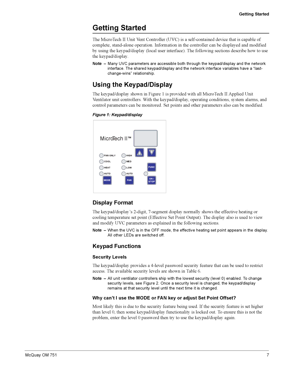 American Standard UV05 manual Using the Keypad/Display, Display Format, Keypad Functions, Security Levels 