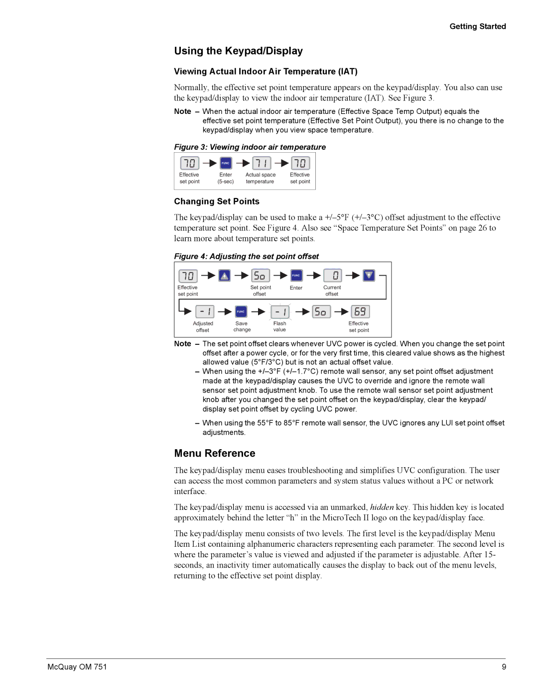 American Standard UV05 manual Using the Keypad/Display, Menu Reference, Viewing Actual Indoor Air Temperature IAT 