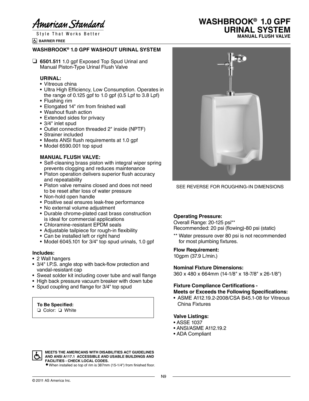 American Standard Washbrook 1.0 GPF Urinal System Manual Flush Valve system manual Washbrook 1.0 GPF Washout Urinal System 