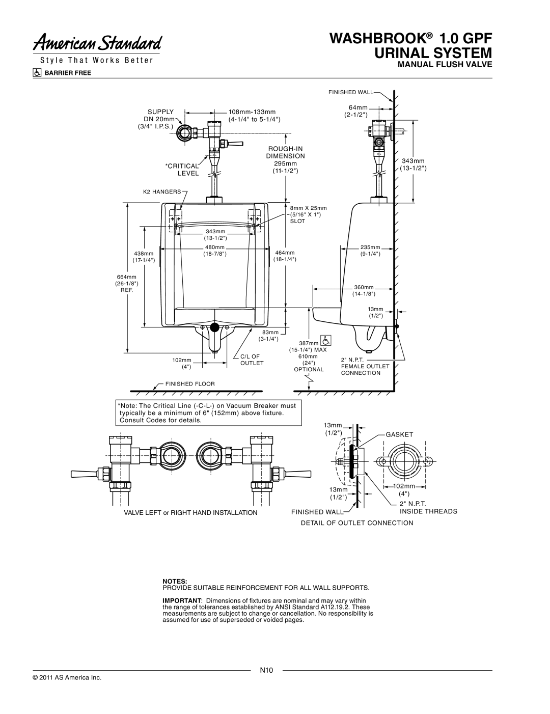 American Standard 1.0 GPF system manual Supply, ROUGH-IN Dimension, Critical, Level, Gasket, Finished Wall 