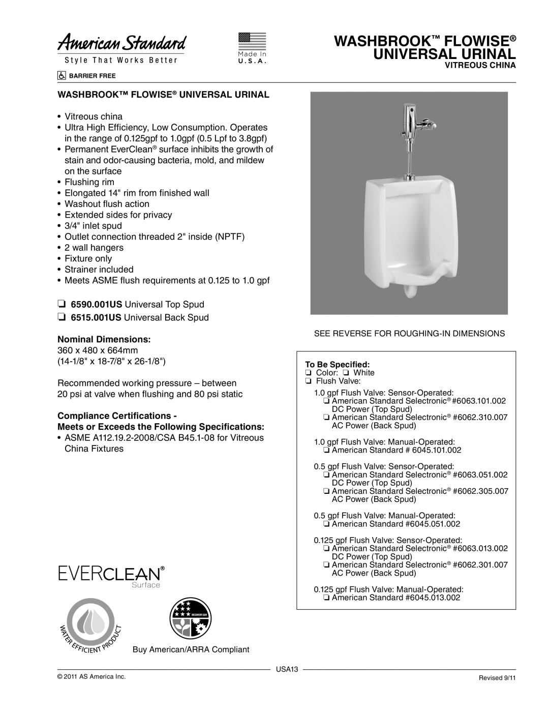 American Standard WASHBROOK FLOWISE UNIVERSAL URINAL, USA13 dimensions Washbrook Flowise Universal Urinal, To Be Specified 