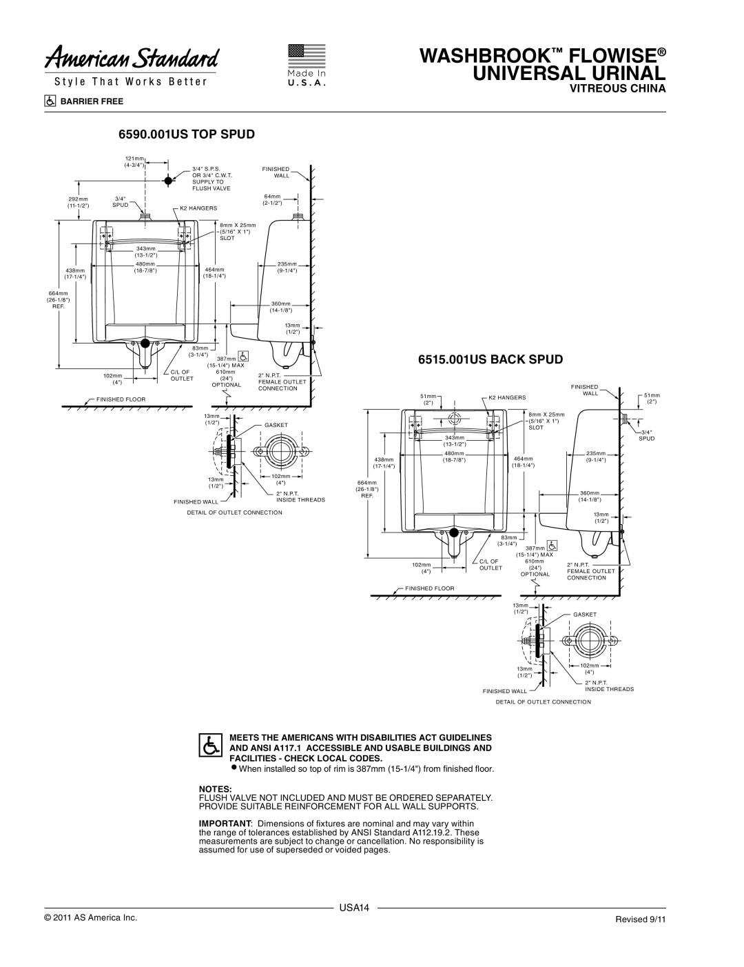 American Standard USA13, WASHBROOK FLOWISE UNIVERSAL URINAL dimensions 6590.001US TOP Spud, 6515.001US Back Spud 