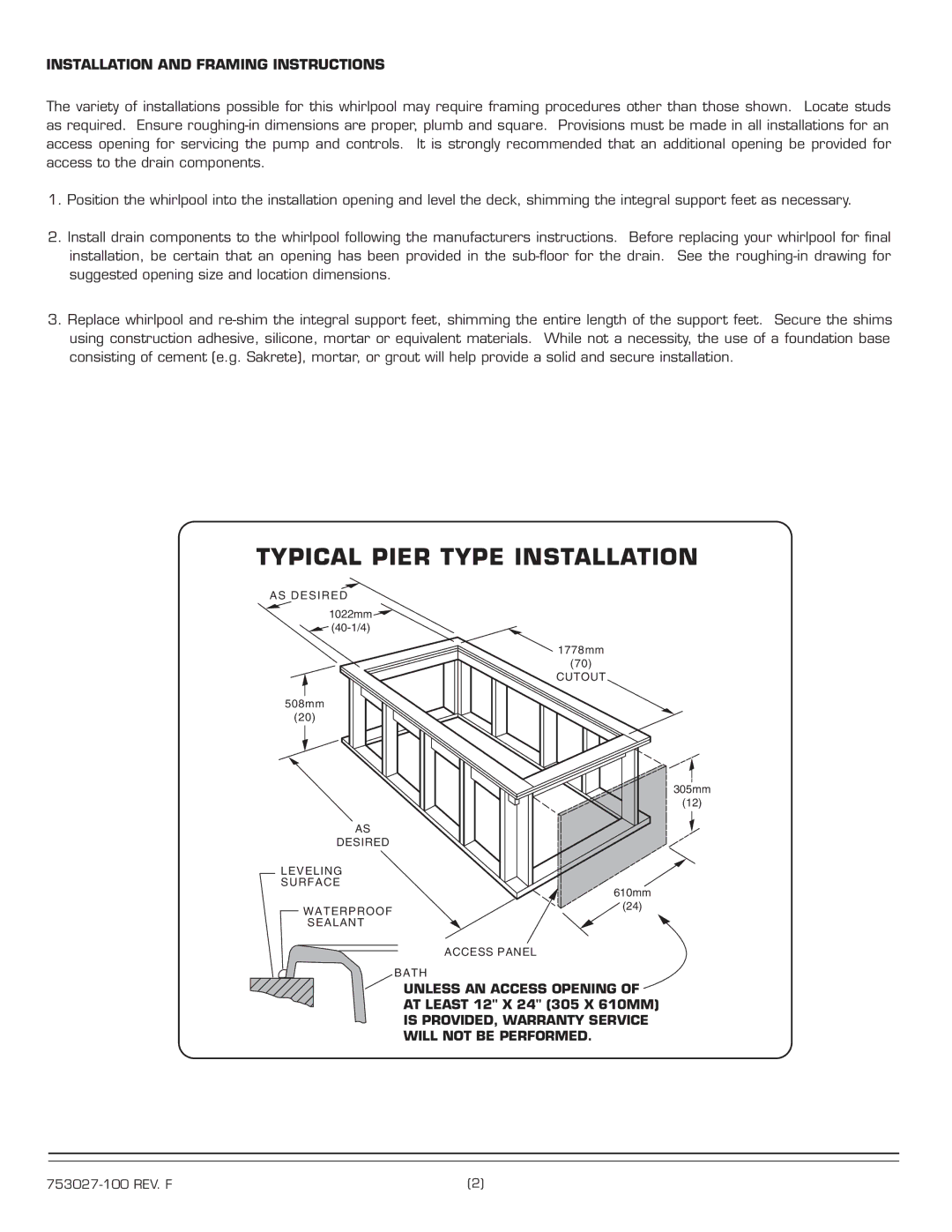 American Standard Whirlpool/Bathing Pool, 2742.XXXX Typical Pier Type Installation, Installation and Framing Instructions 