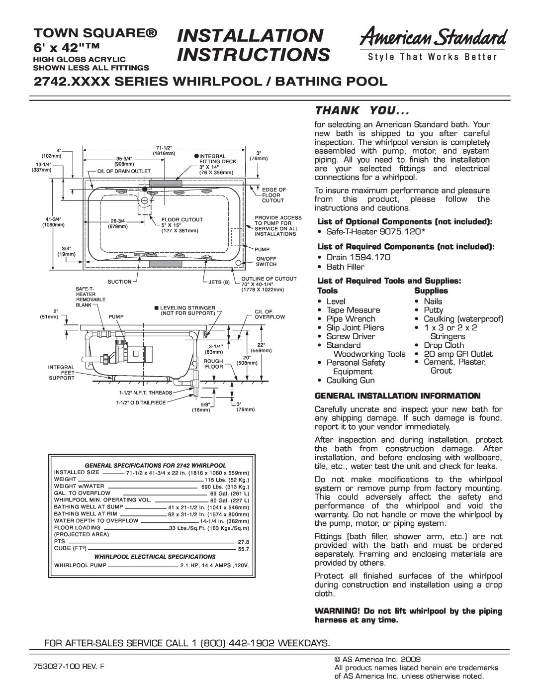 American Standard 2742.XXXX installation instructions TOWN SQUARE 6, Xxxx Series Whirlpool / Bathing Pool, Thank You 
