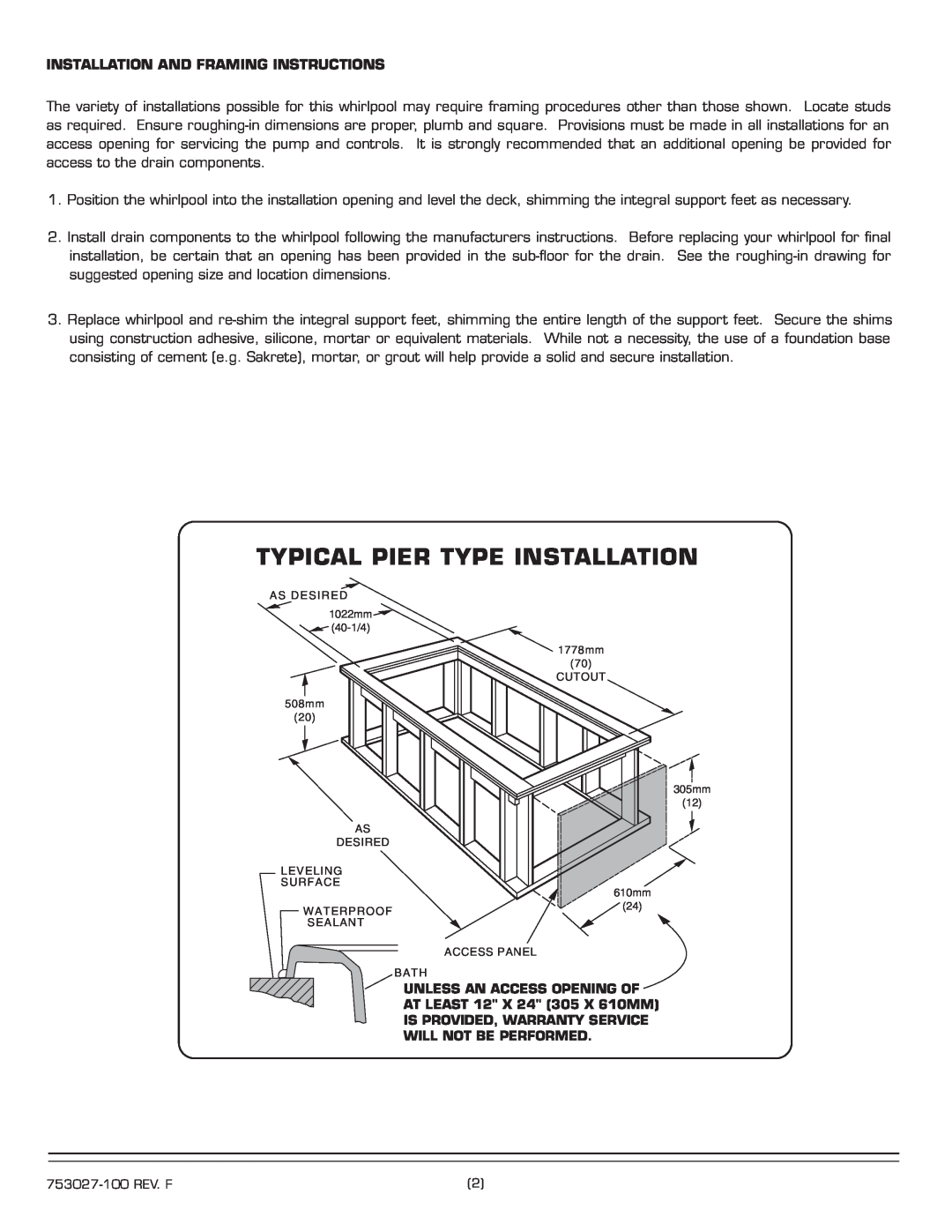 American Standard Whirlpool/Bathing Pool, 2742.XXXX Typical Pier Type Installation, Installation And Framing Instructions 
