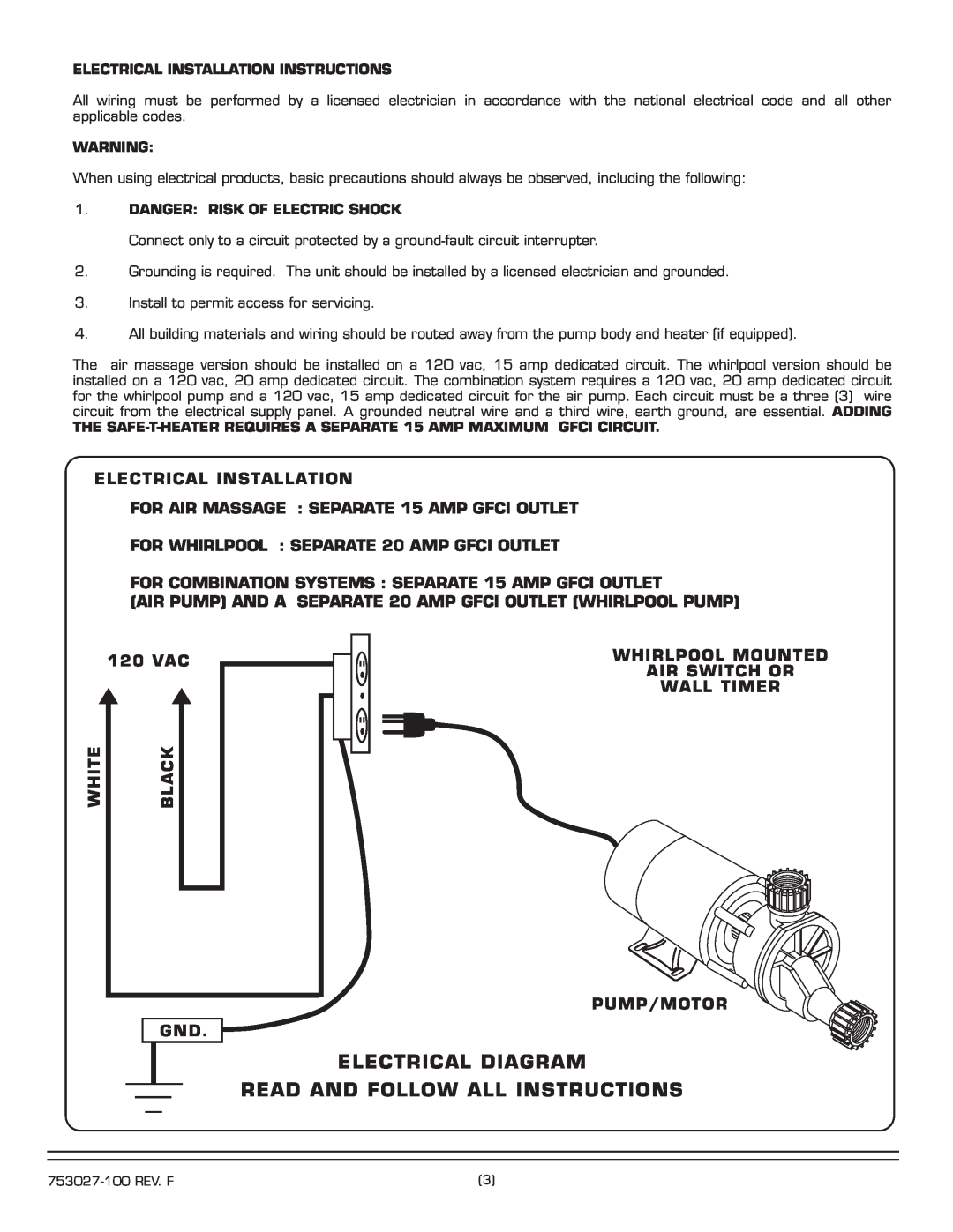 American Standard 2742.XXXX Electrical Diagram Read And Follow All Instructions, FOR WHIRLPOOL SEPARATE 20 AMP GFCI OUTLET 