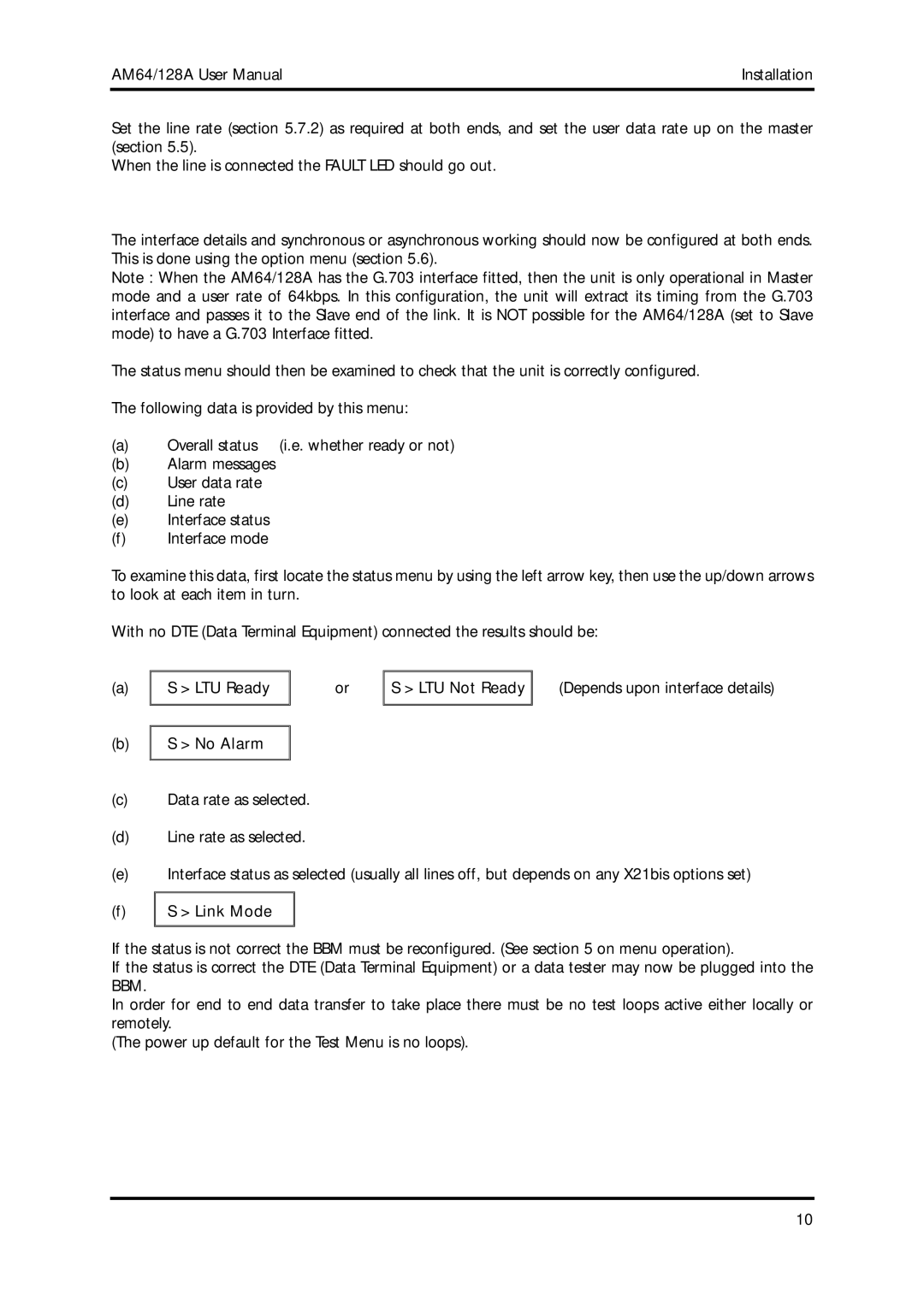 American Telecom AM64/128A manual LTU Ready No Alarm LTU Not Ready, Link Mode 