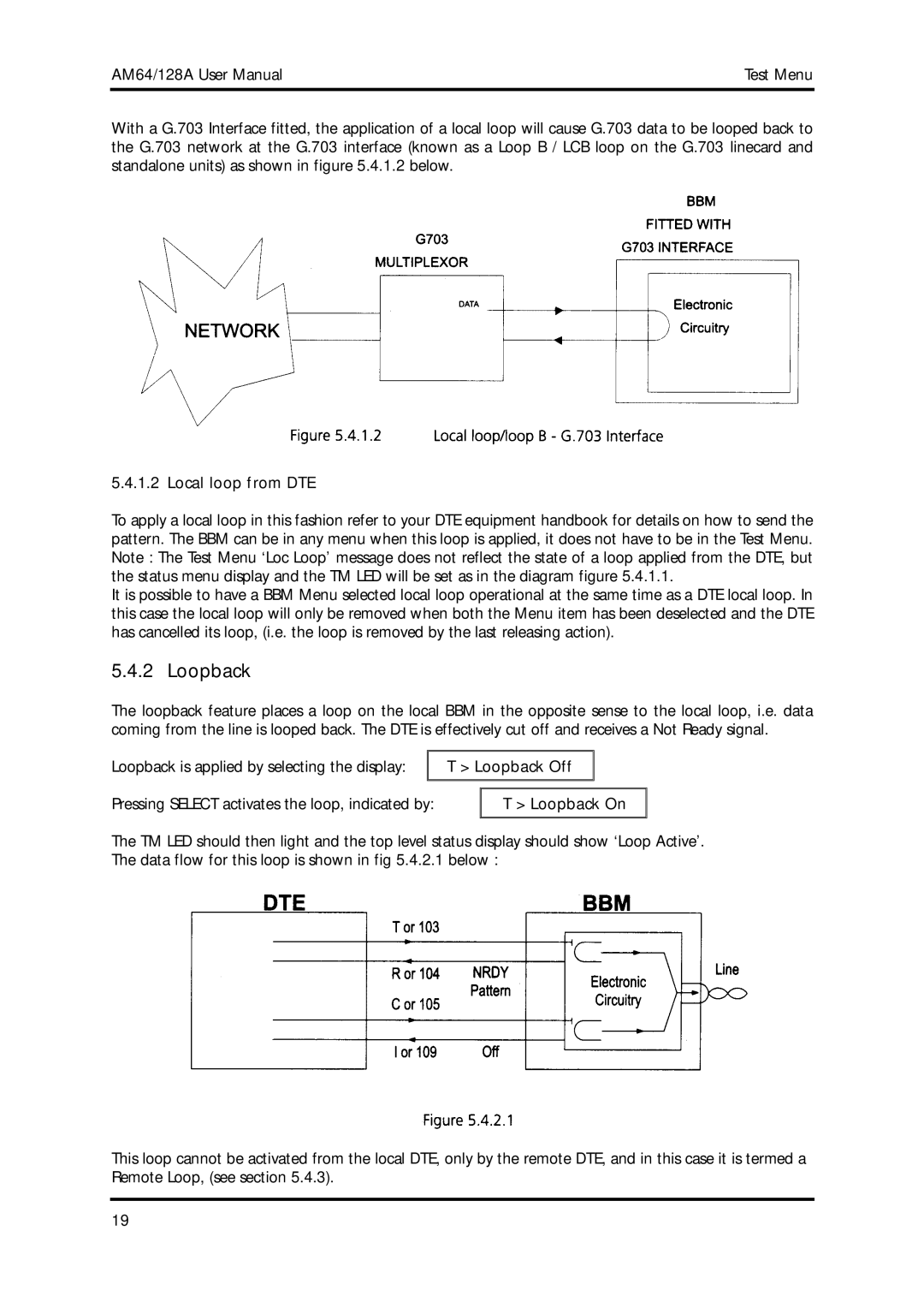 American Telecom AM64/128A Local loop from DTE, Loopback is applied by selecting the display Loopback Off, Loopback On 