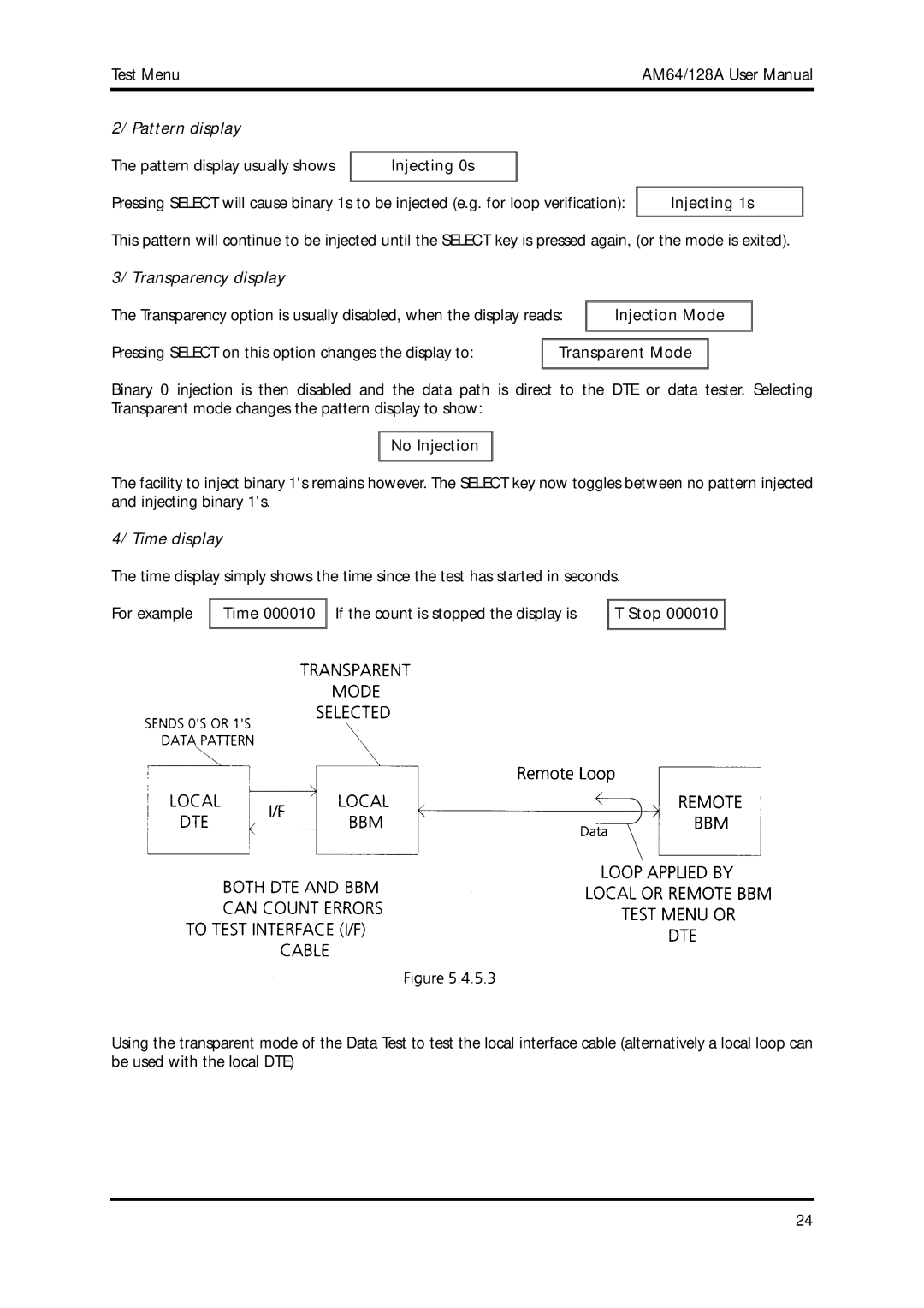 American Telecom AM64/128A manual Injecting 0s, Injecting 1s, Injection Mode, Transparent Mode, No Injection, Time, Stop 