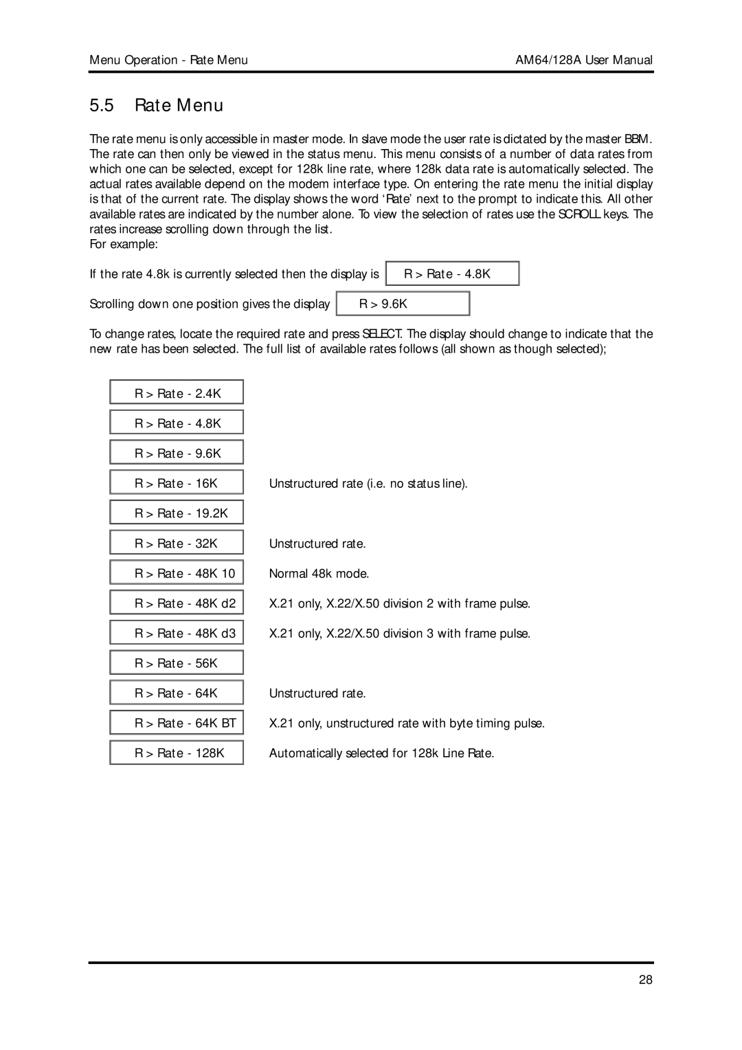 American Telecom AM64/128A manual Rate Menu, Rate 4.8K 