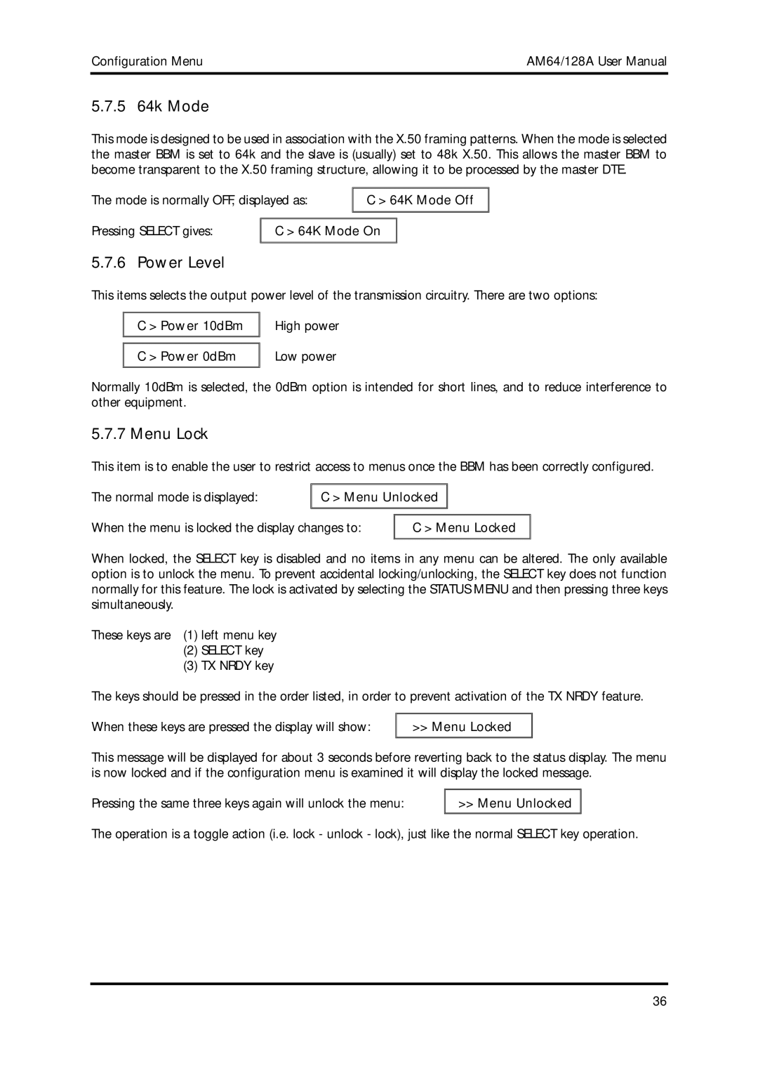 American Telecom AM64/128A manual 5 64k Mode, Power Level, Menu Lock 