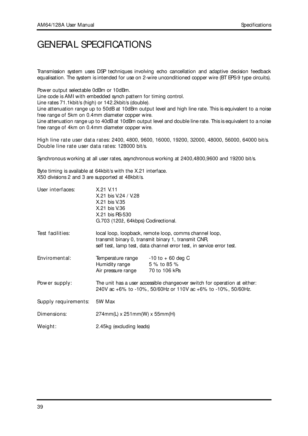 American Telecom AM64/128A manual General Specifications 