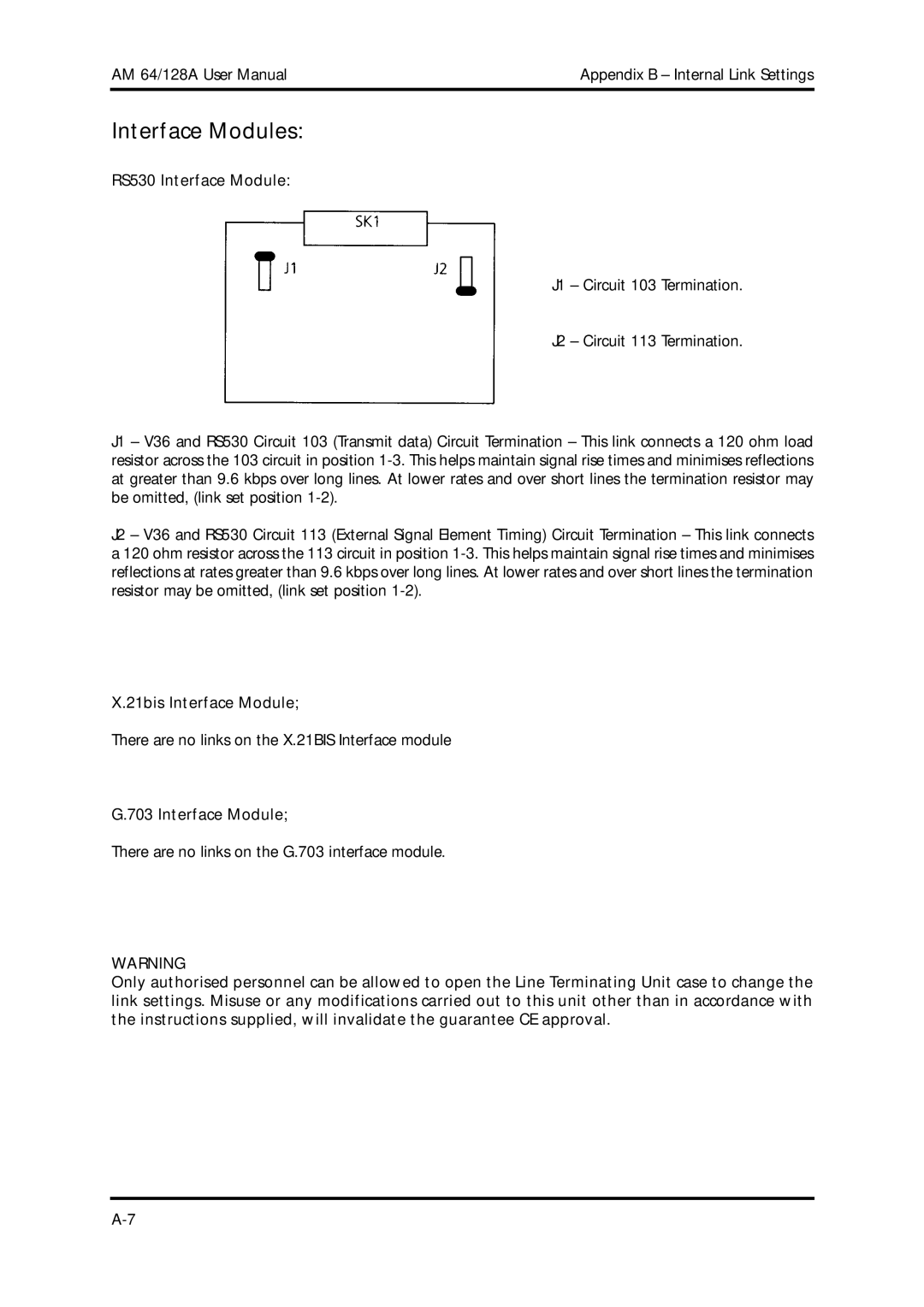 American Telecom AM64/128A manual RS530 Interface Module, 21bis Interface Module 