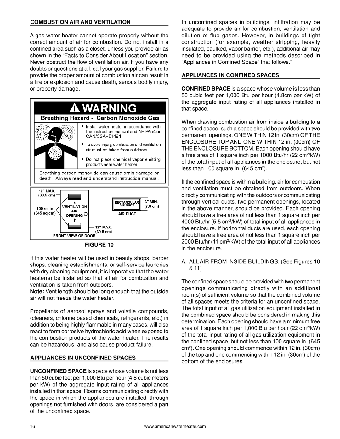 American Water Heater 1010 319869-000 warranty Combustion AIR and Ventilation, Appliances in Unconfined Spaces 