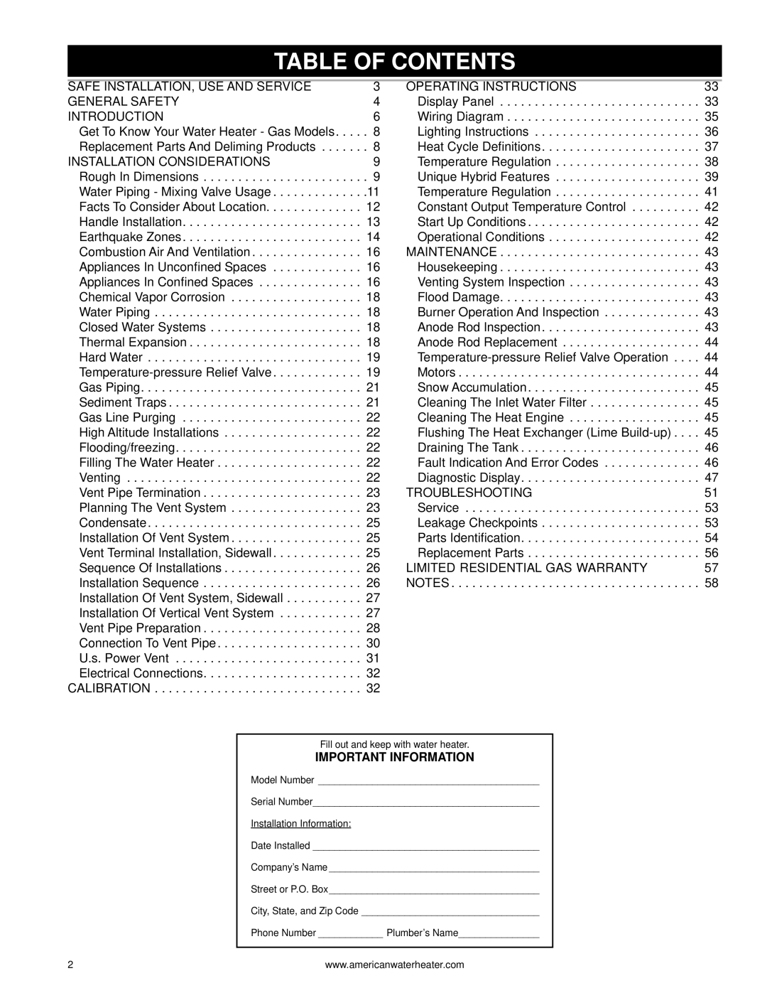 American Water Heater 1010 319869-000 warranty Table of Contents 