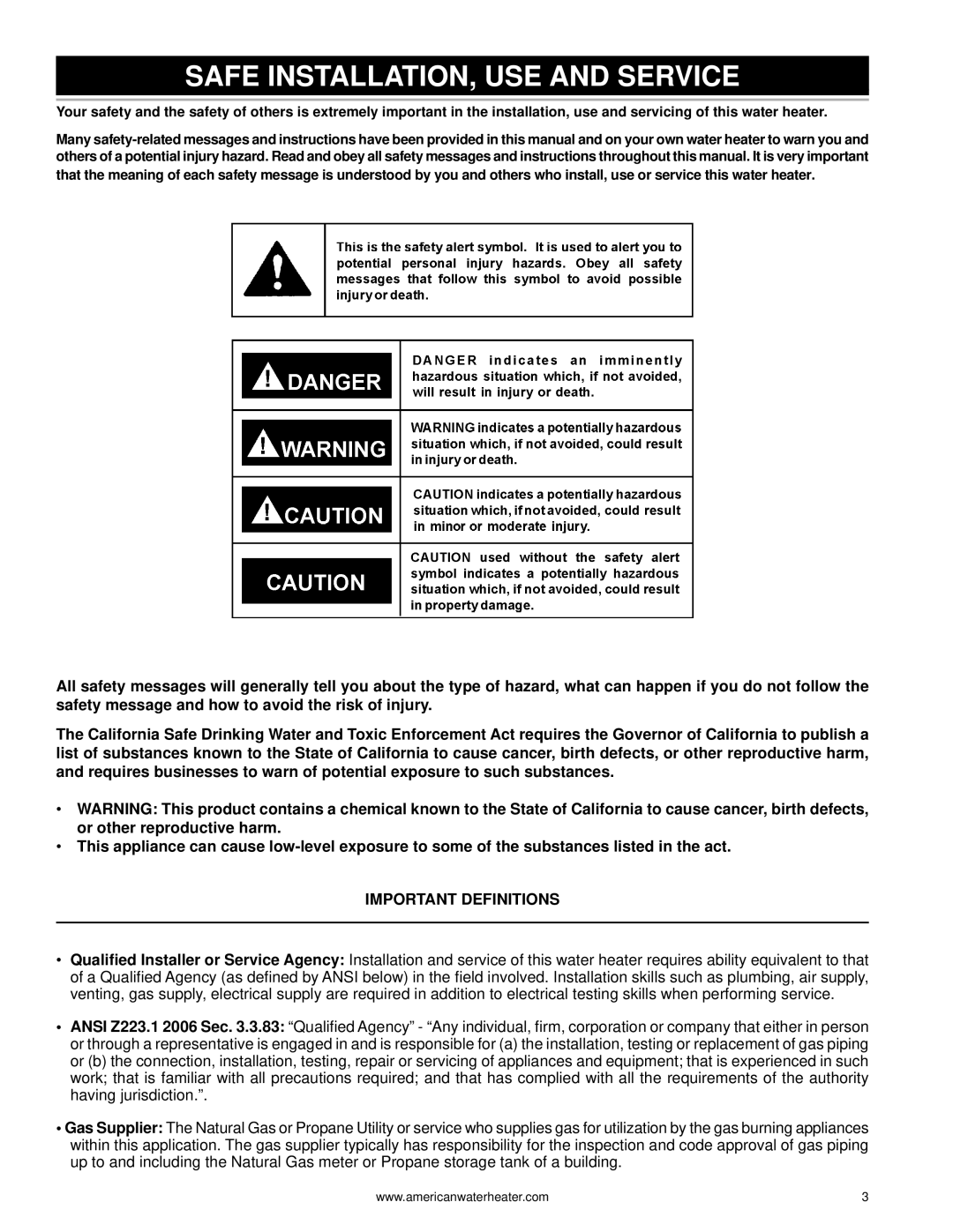 American Water Heater 1010 319869-000 warranty Safe INSTALLATION, USE and Service, Important Definitions 