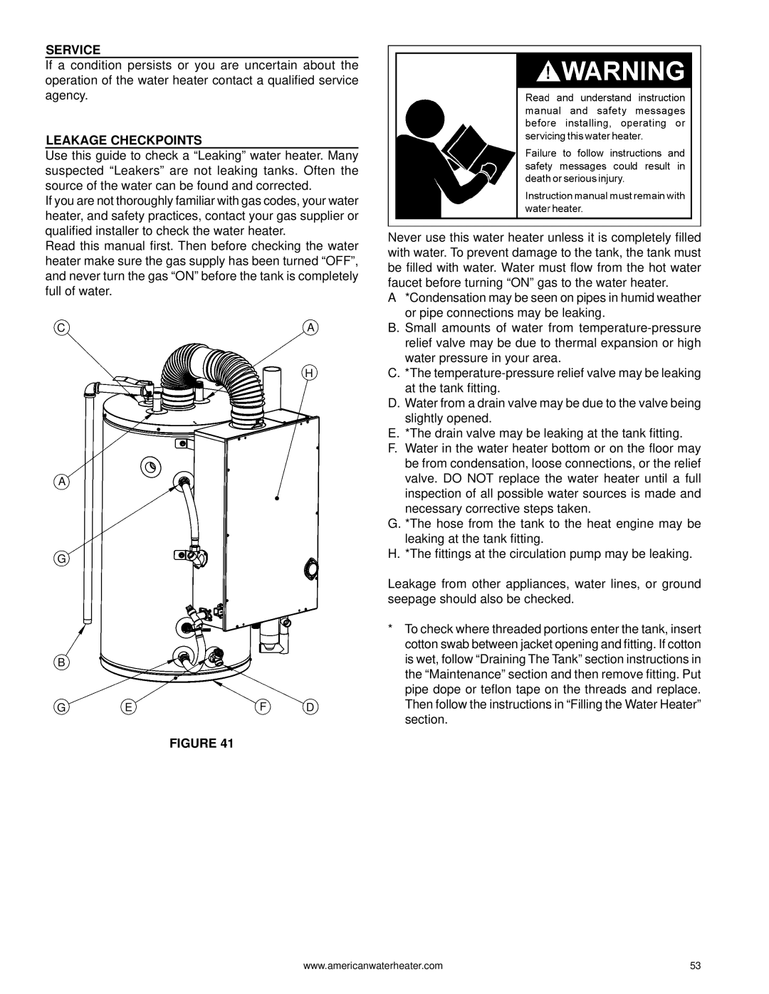 American Water Heater 1010 319869-000 warranty Service, Leakage Checkpoints 