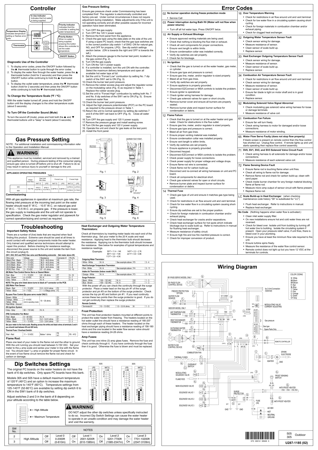 American Water Heater 505, 305 warranty Important Safety Notes, Flame Rod, Frost Protection, Amp Fuses 