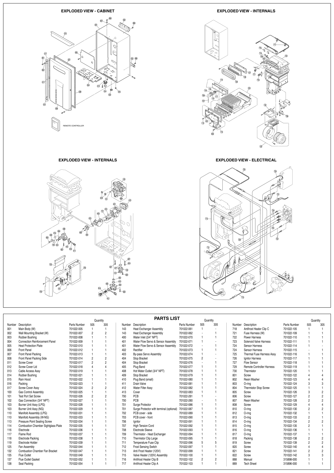 American Water Heater 305, 505 warranty Exploded View Cabinet, Exploded View Internals, Exploded View Electrical 