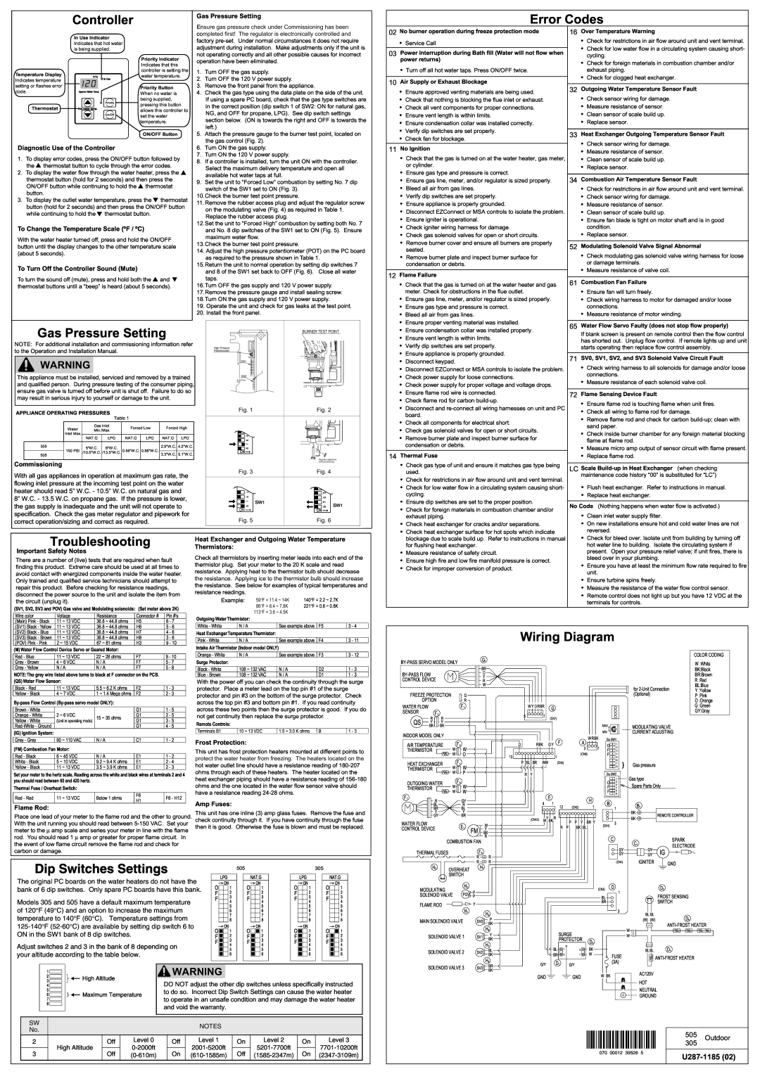 American Water Heater 505 warranty Troubleshooting, Wiring Diagram, U287-1185, Outdoor 305 