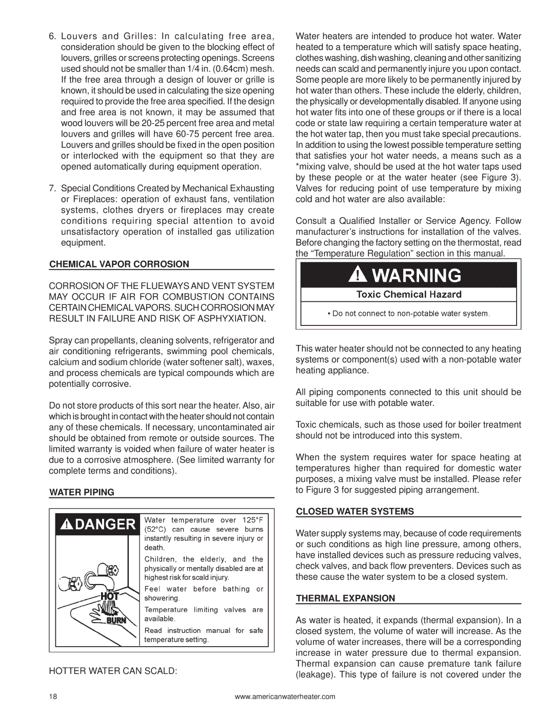 American Water Heater 316888-004 warranty Chemical Vapor Corrosion, Water Piping, Closed Water Systems, Thermal Expansion 