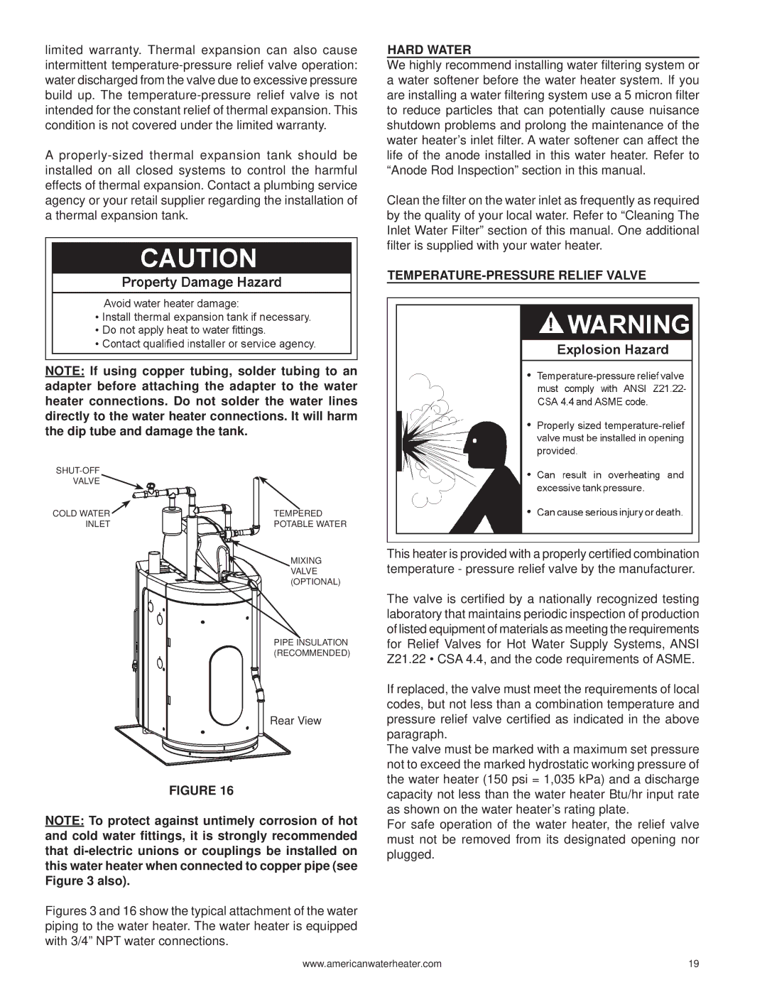 American Water Heater 316888-004 warranty Hard Water, TEMPERATURE-PRESSURE Relief Valve 