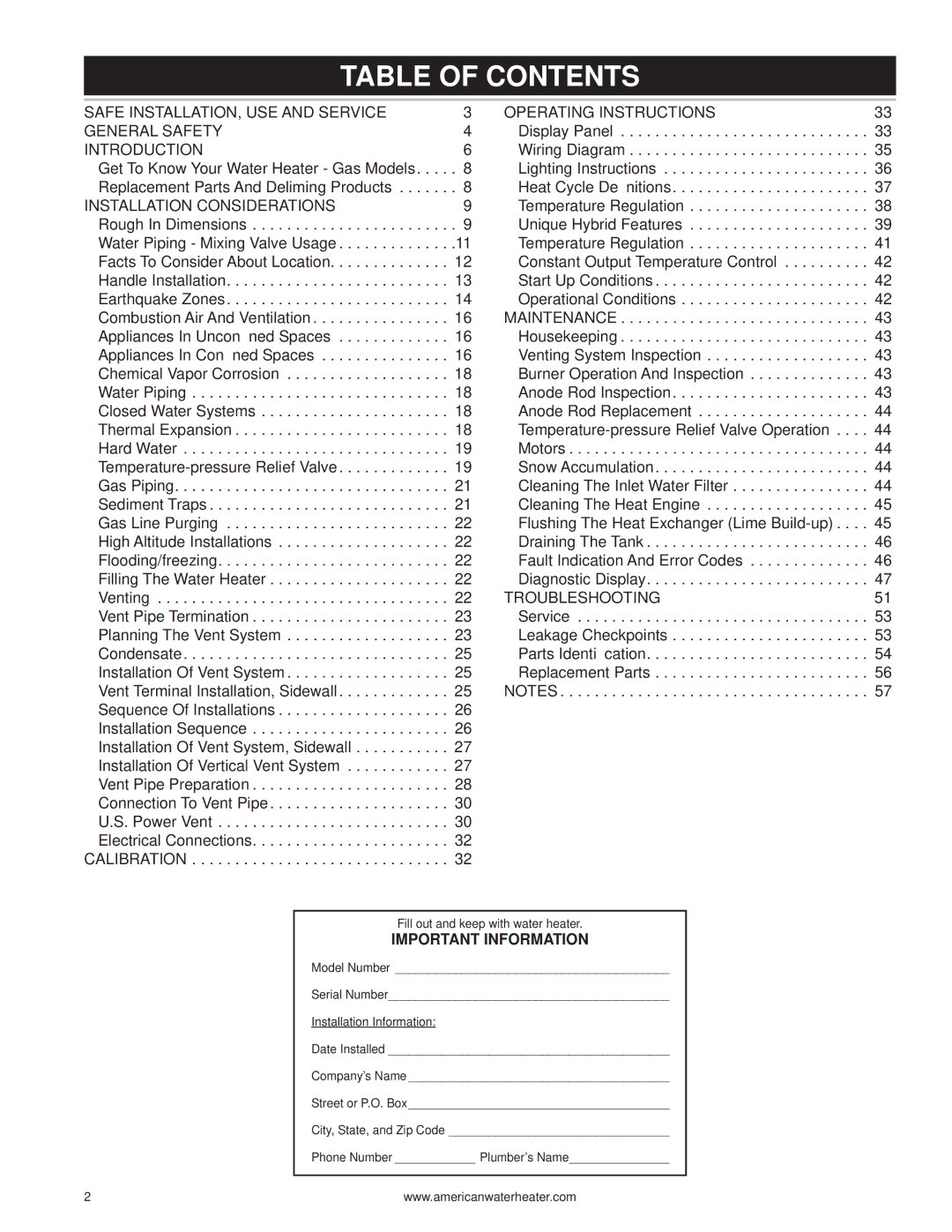 American Water Heater 316888-004 warranty Table of Contents 