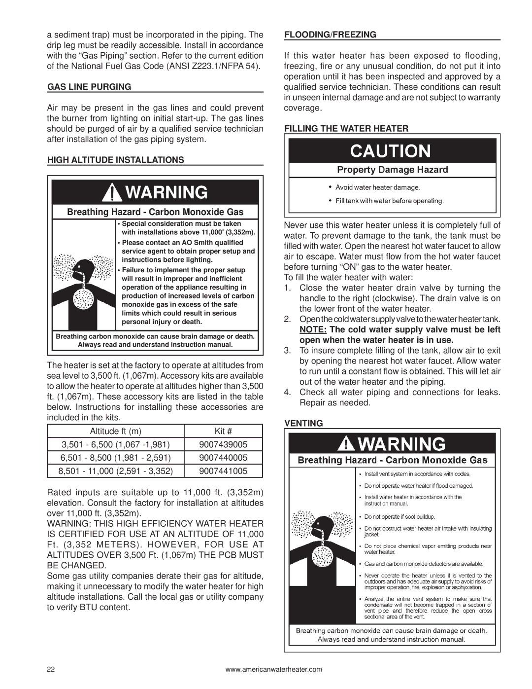 American Water Heater 316888-004 warranty GAS Line Purging, High Altitude Installations, Flooding/Freezing, Venting 