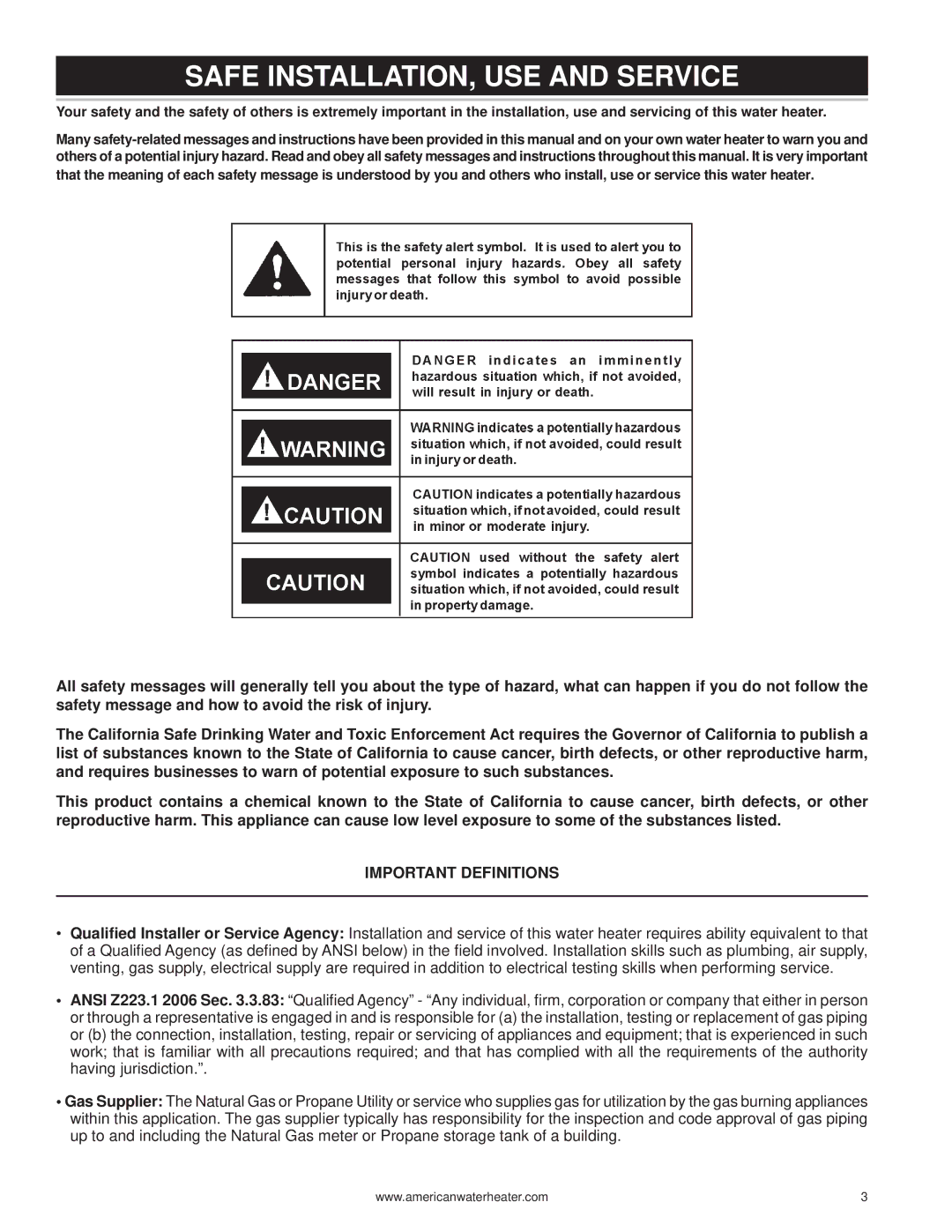 American Water Heater 316888-004 warranty Safe INSTALLATION, USE and Service, Important Definitions 