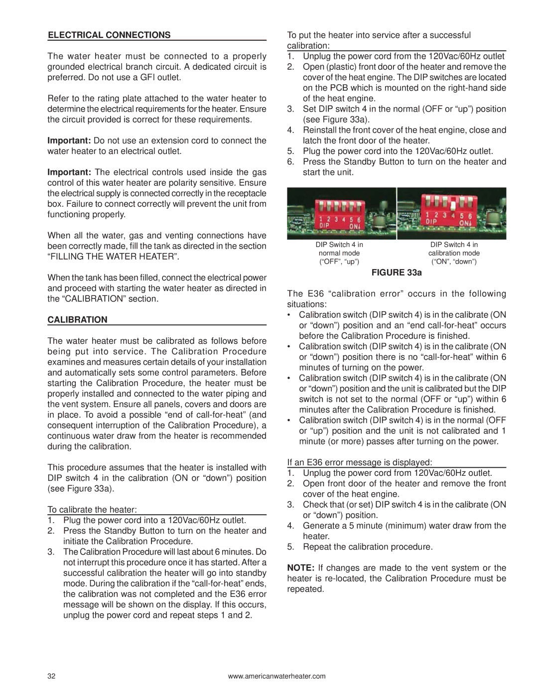 American Water Heater 316888-004 warranty Electrical Connections, Filling the Water Heater, Calibration 