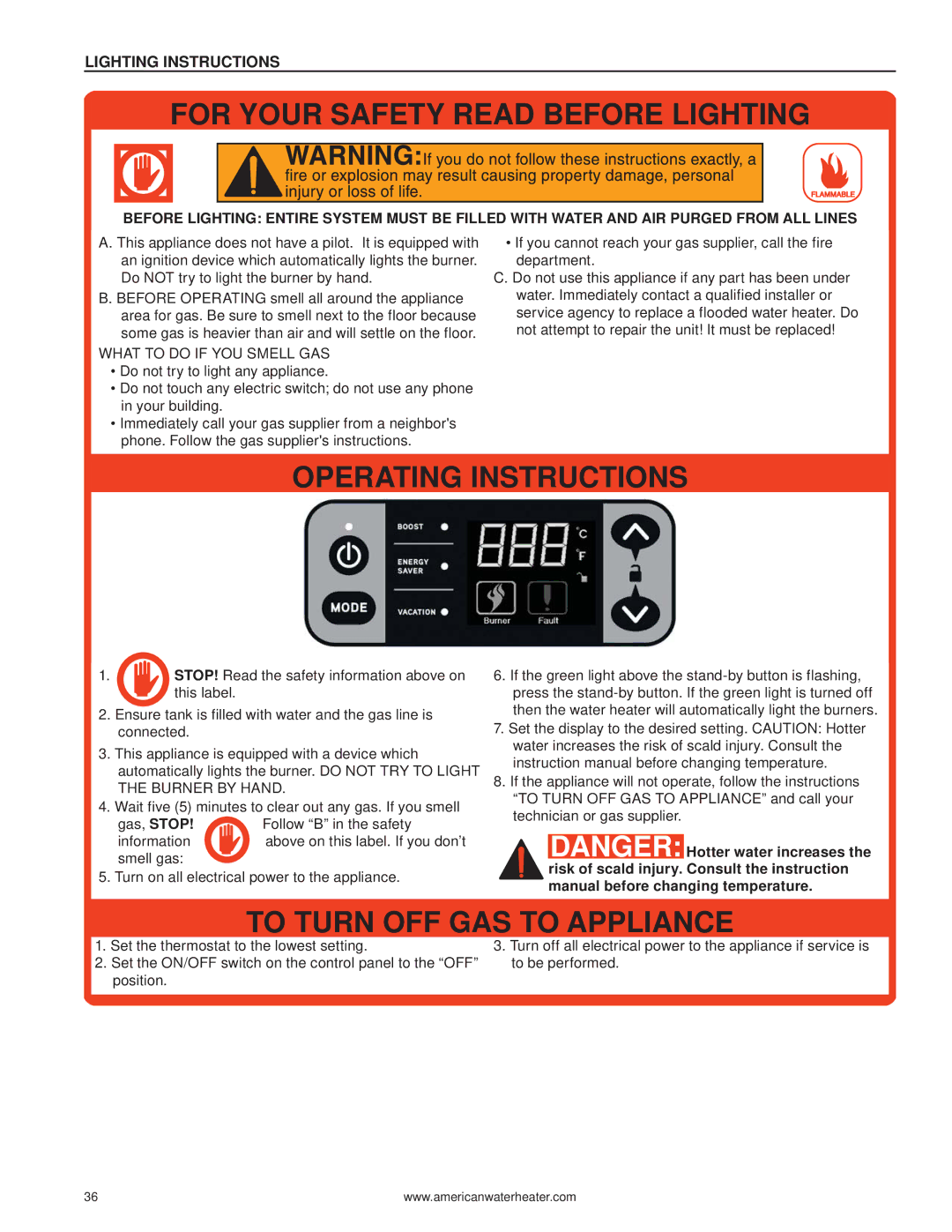 American Water Heater 316888-004 warranty For Your Safety Read Before Lighting, Lighting Instructions 