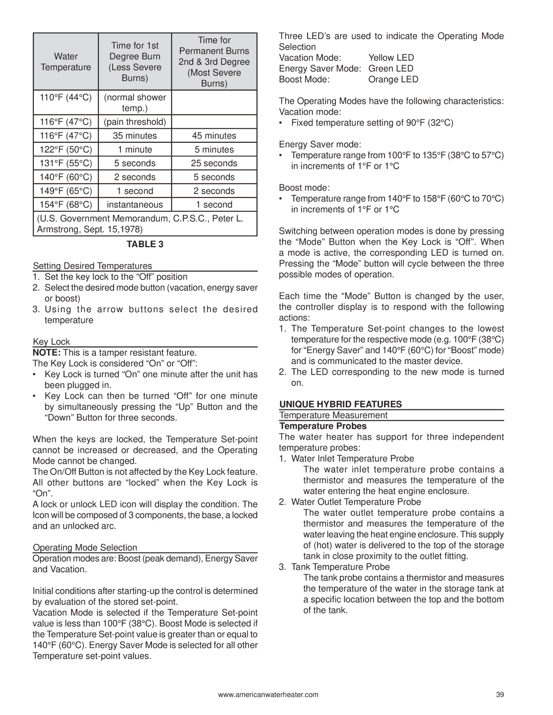 American Water Heater 316888-004 warranty Unique Hybrid Features, Temperature Probes 