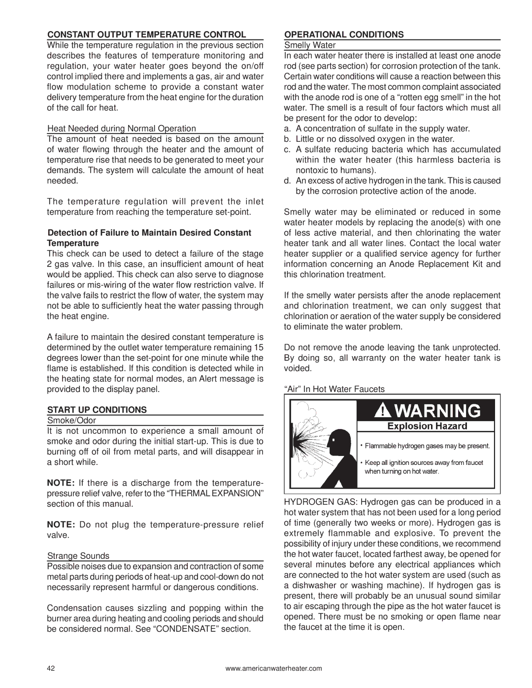 American Water Heater 316888-004 warranty Constant Output Temperature Control, Start UP Conditions, Operational Conditions 