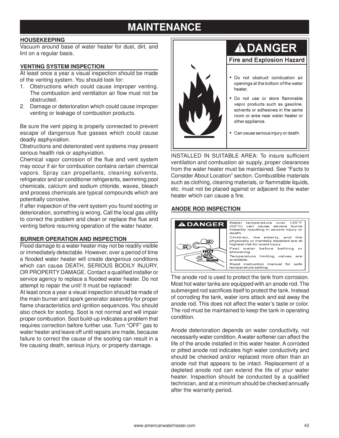 American Water Heater 316888-004 Maintenance, Housekeeping, Venting System Inspection, Burner Operation and Inspection 