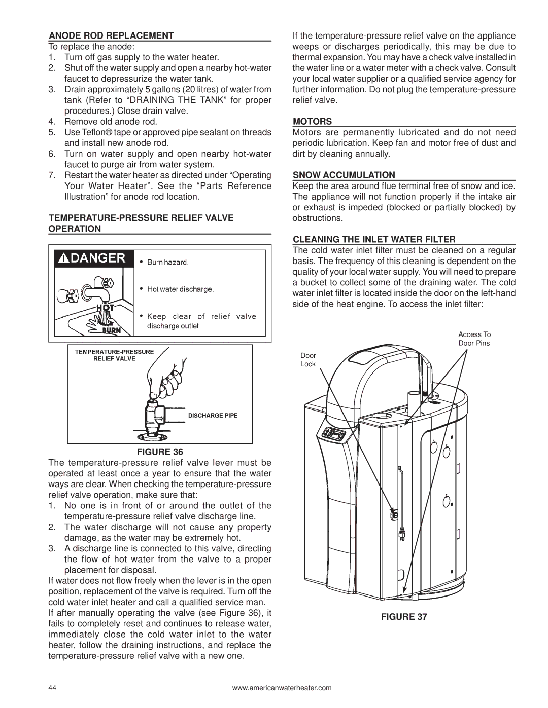 American Water Heater 316888-004 warranty Anode ROD Replacement, TEMPERATURE-PRESSURE Relief Valve Operation, Motors 