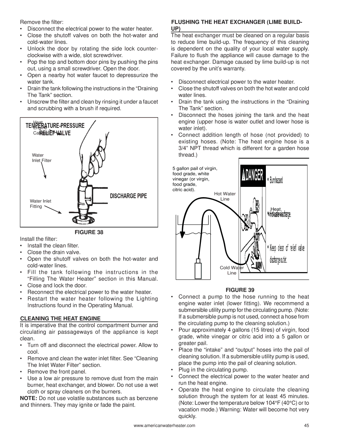 American Water Heater 316888-004 warranty Cleaning the Heat Engine, Flushing the Heat Exchanger Lime BUILD- UP 