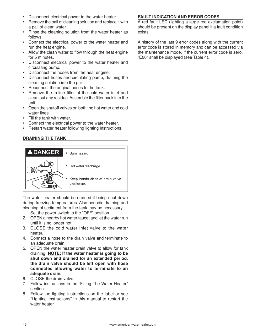 American Water Heater 316888-004 warranty Draining the Tank, Fault Indication and Error Codes 