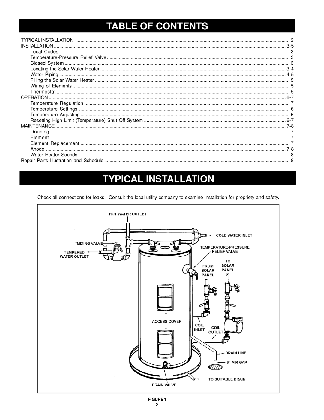 American Water Heater 317365-002 instruction manual Table of Contents, Typical Installation 