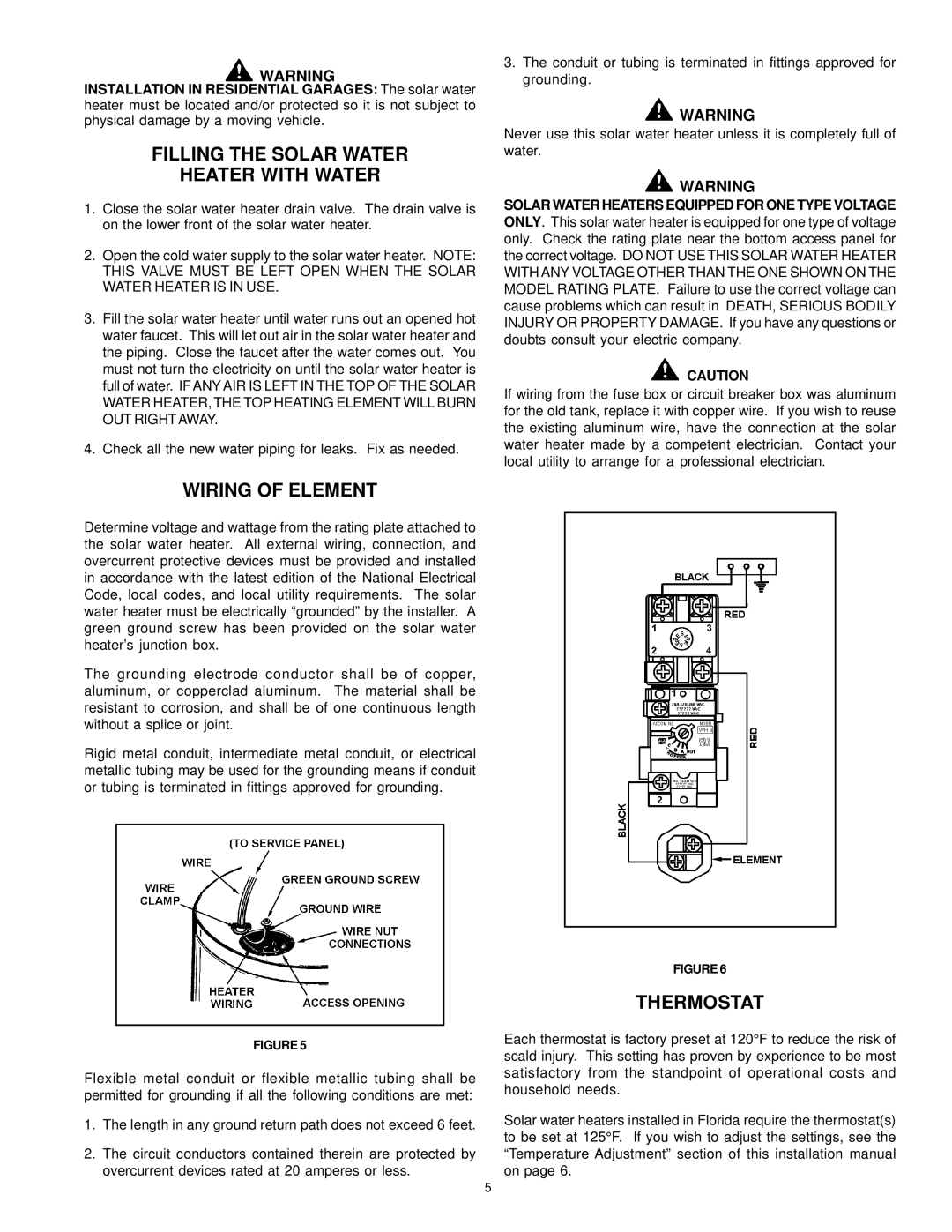 American Water Heater 317365-002 Filling the Solar Water Heater with Water, Wiring of Element, Thermostat 