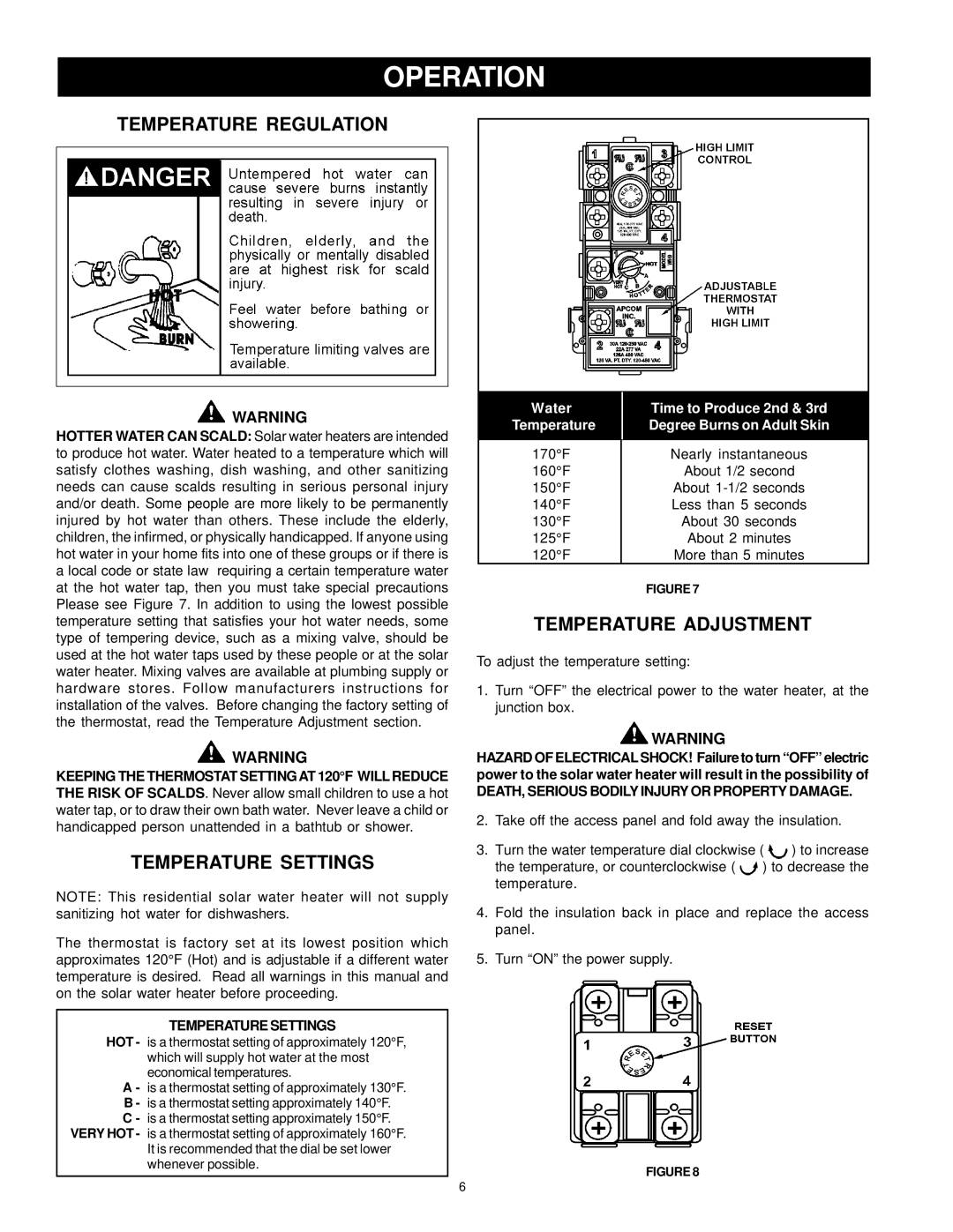 American Water Heater 317365-002 Operation, Temperature Regulation, Temperature Settings, Temperature Adjustment 