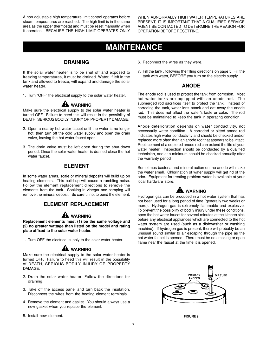 American Water Heater 317365-002 instruction manual Maintenance, Draining, Element Replacement, Anode 