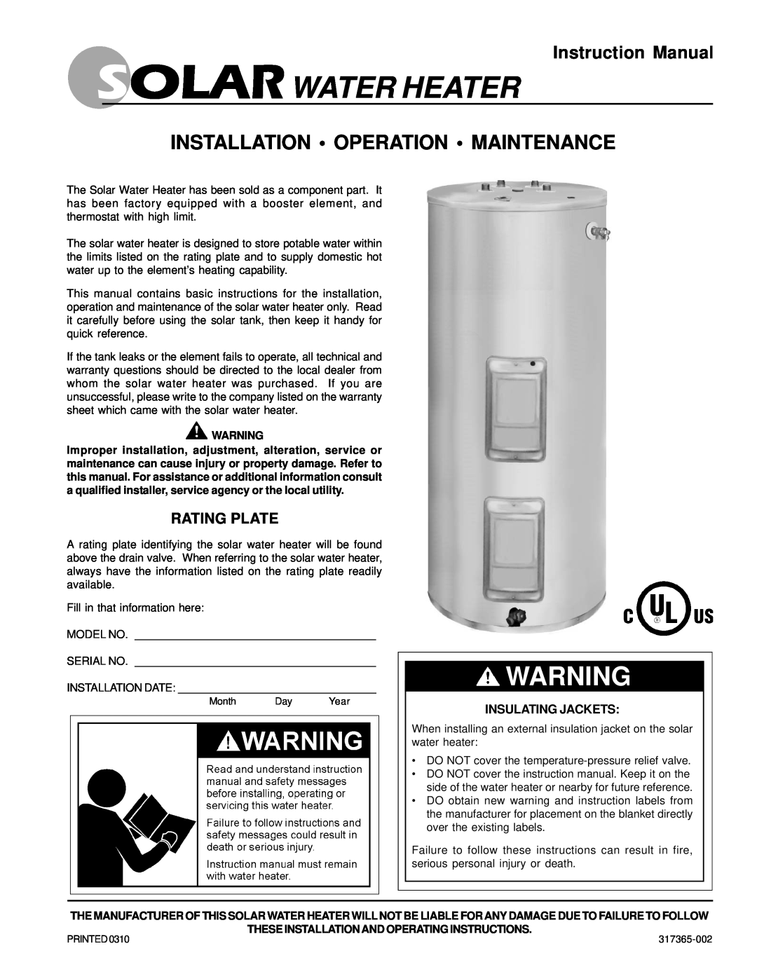 American Water Heater 317365-002 instruction manual Instruction Manual, Rating Plate, Solarwater Heater 