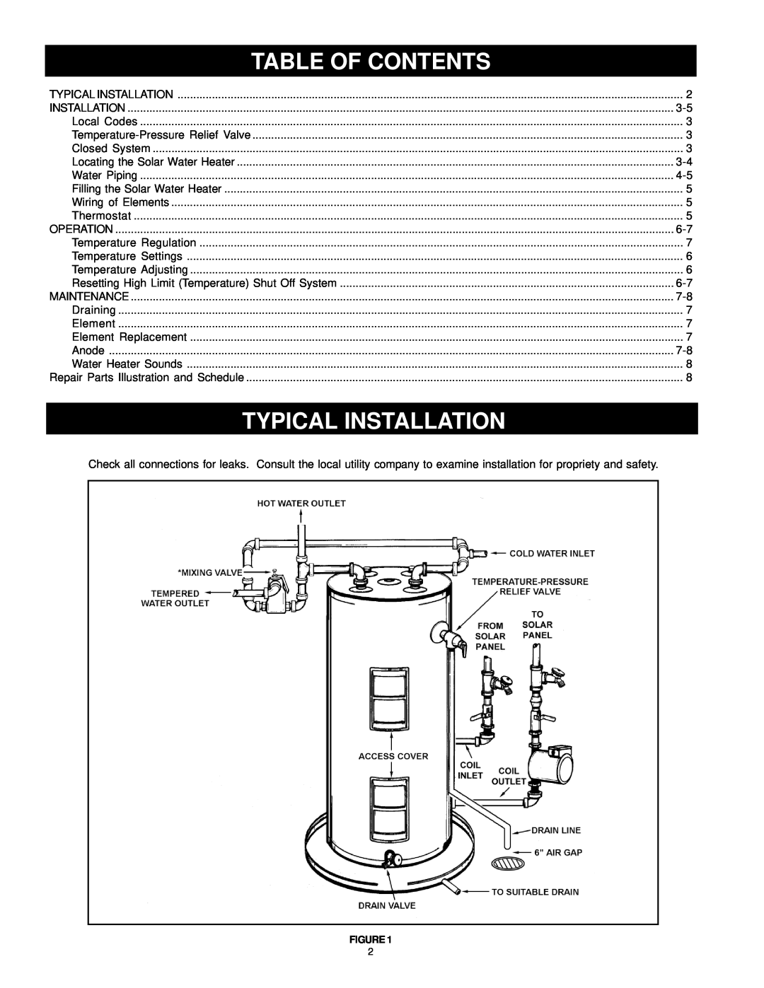 American Water Heater 317365-002 instruction manual Table Of Contents, Typical Installation 
